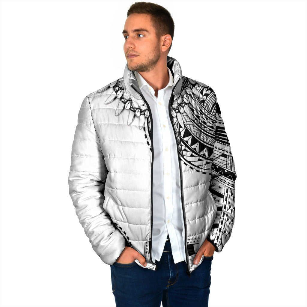 Polynesian Chief Inspired Costume Padded Jacket Tribal Pattern With Tooth Necklace White