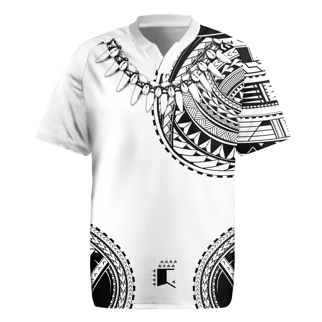 Polynesian Chief Inspired Costume Rugby Jersey Tribal Pattern With Tooth Necklace White