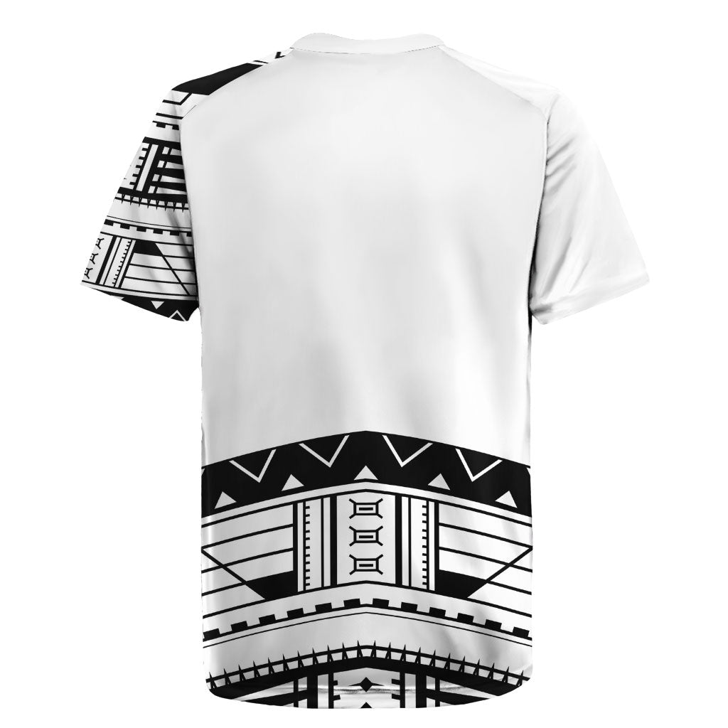 Polynesian Chief Inspired Costume Rugby Jersey Tribal Pattern With Tooth Necklace White