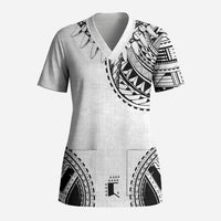 Polynesian Chief Inspired Costume Scrub Top Tribal Pattern With Tooth Necklace White