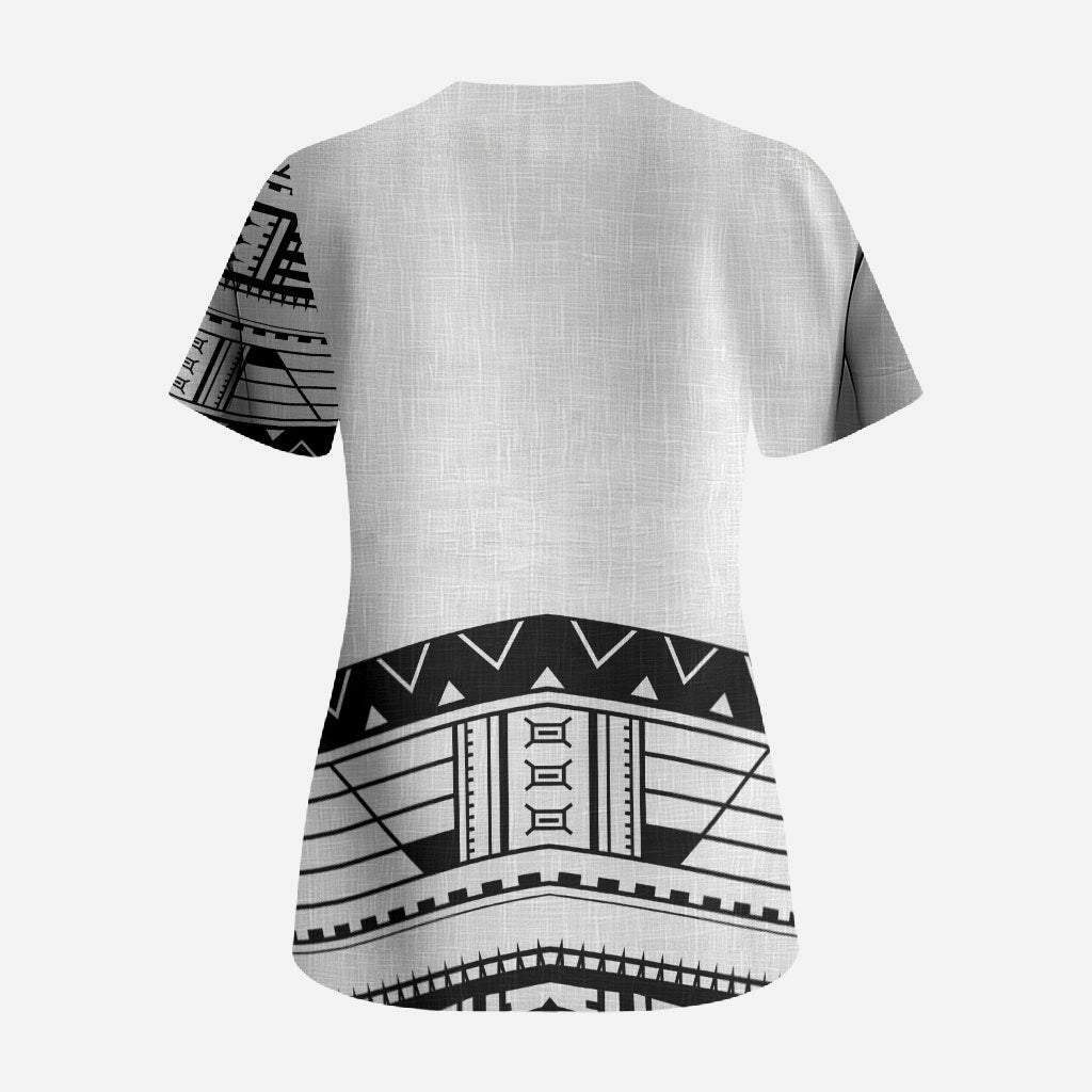 Polynesian Chief Inspired Costume Scrub Top Tribal Pattern With Tooth Necklace White