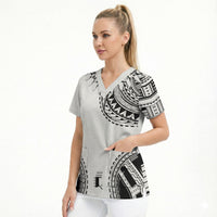 Polynesian Chief Inspired Costume Scrub Top Tribal Pattern With Tooth Necklace White