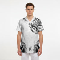 Polynesian Chief Inspired Costume Scrub Top Tribal Pattern With Tooth Necklace White
