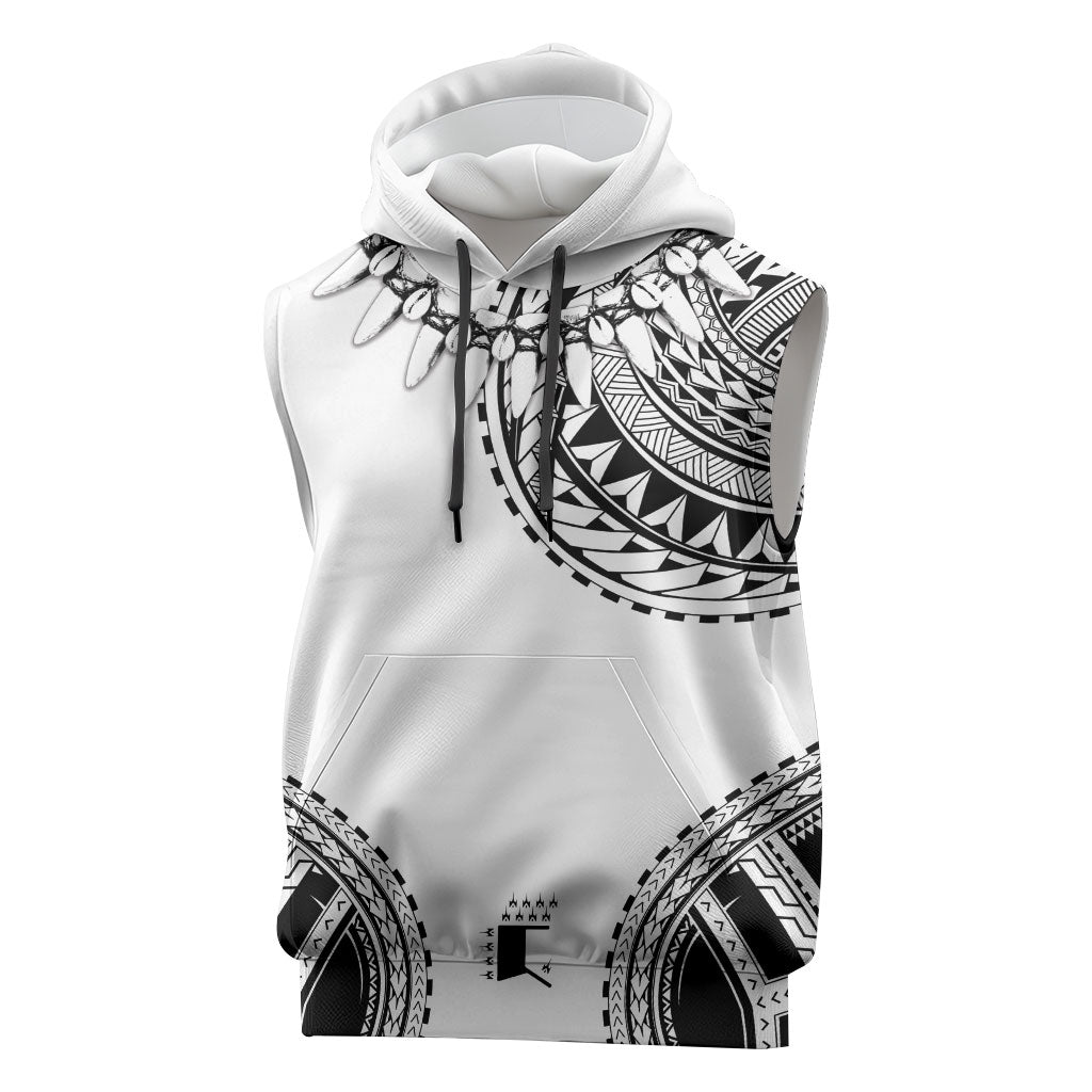 Polynesian Chief Inspired Costume Sleeveless Hoodie Tribal Pattern With Tooth Necklace White