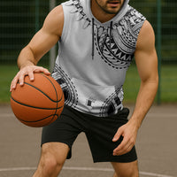 Polynesian Chief Inspired Costume Sleeveless Hoodie Tribal Pattern With Tooth Necklace White