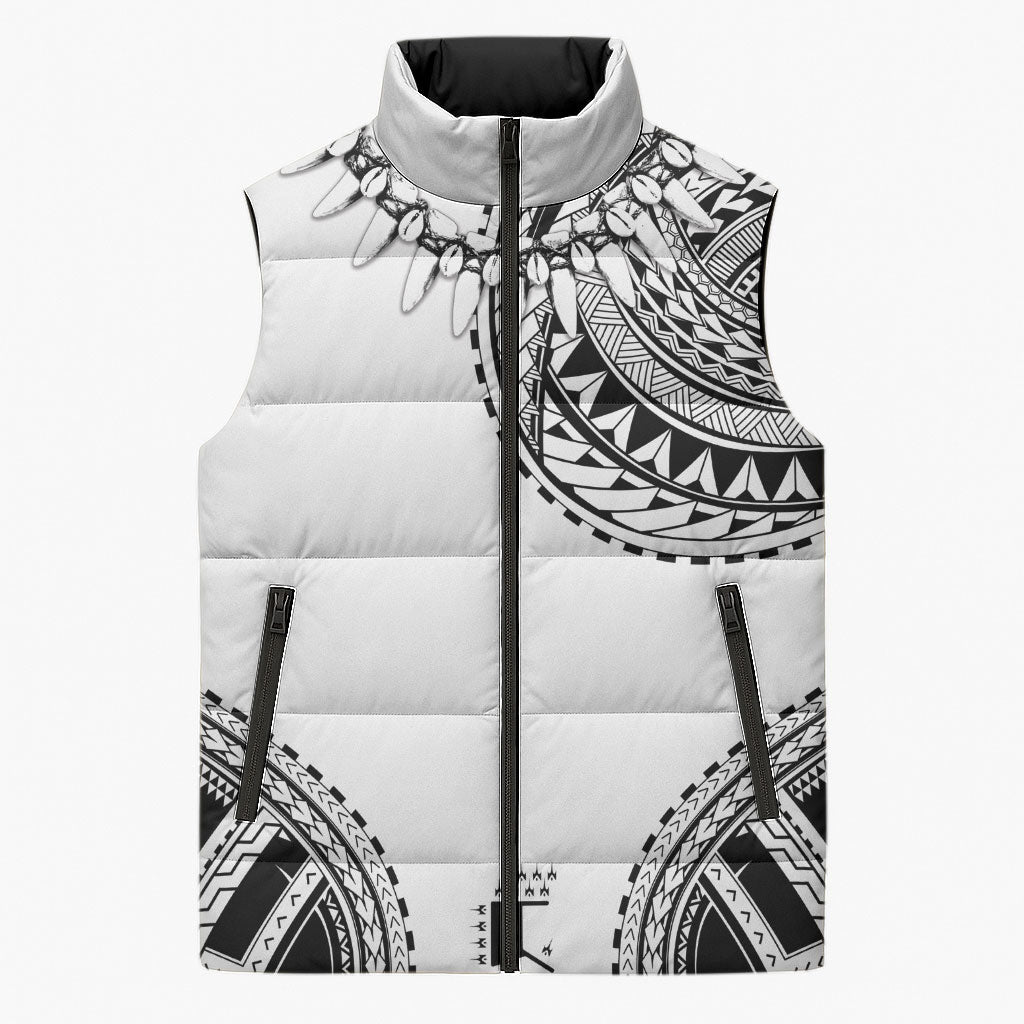 Polynesian Chief Inspired Costume Sleeveless Puffer Jacket Tribal Pattern With Tooth Necklace White