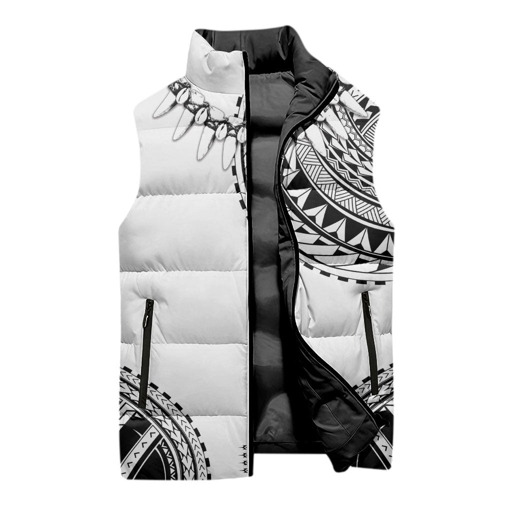 Polynesian Chief Inspired Costume Sleeveless Puffer Jacket Tribal Pattern With Tooth Necklace White