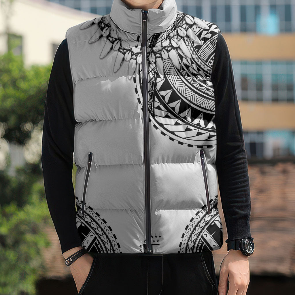 Polynesian Chief Inspired Costume Sleeveless Puffer Jacket Tribal Pattern With Tooth Necklace White