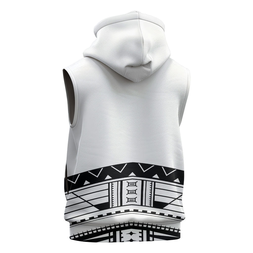 Polynesian Chief Inspired Costume Sleeveless Zip Hoodie Tribal Pattern With Tooth Necklace White