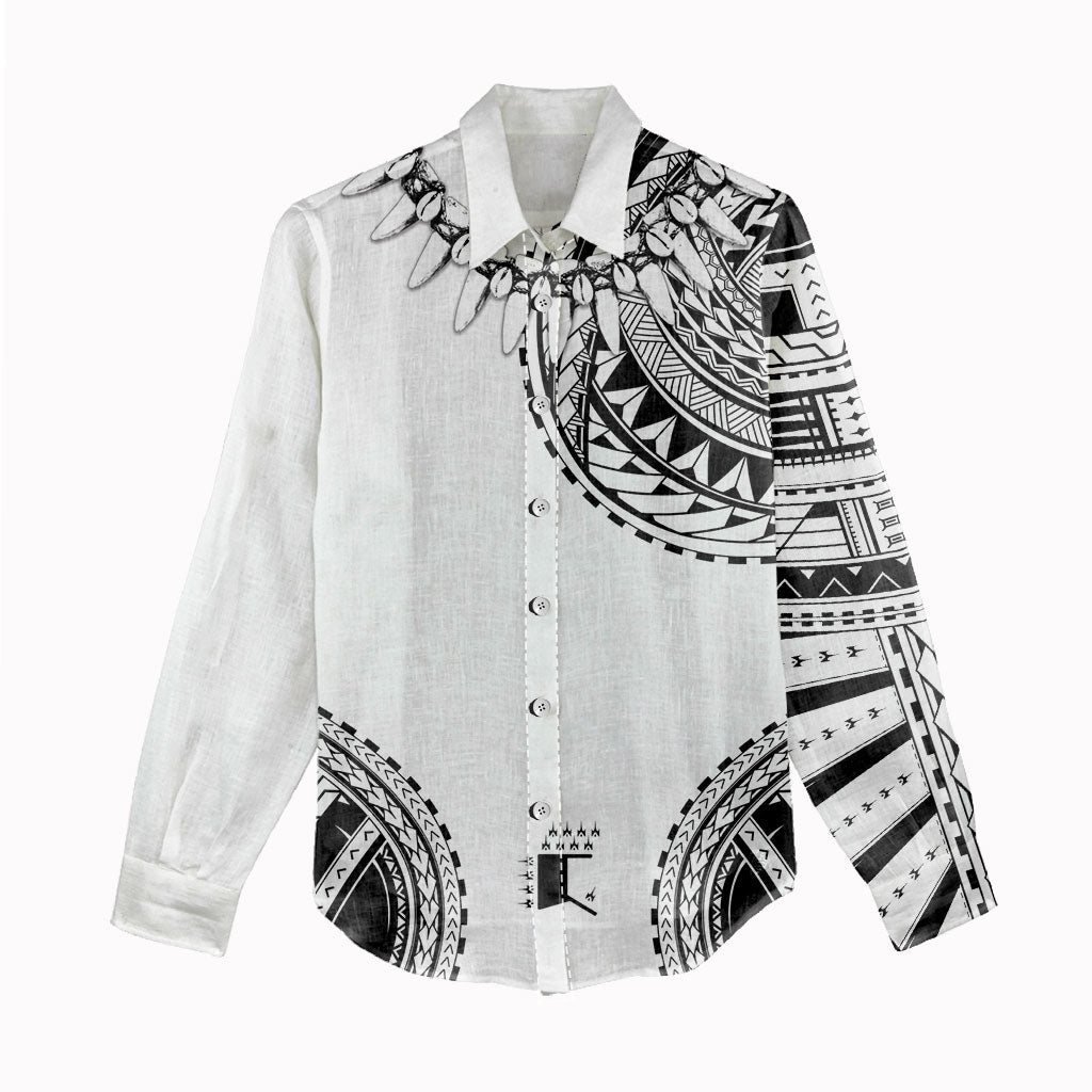 Polynesian Chief Inspired Costume Women Casual Shirt Tribal Pattern With Tooth Necklace White