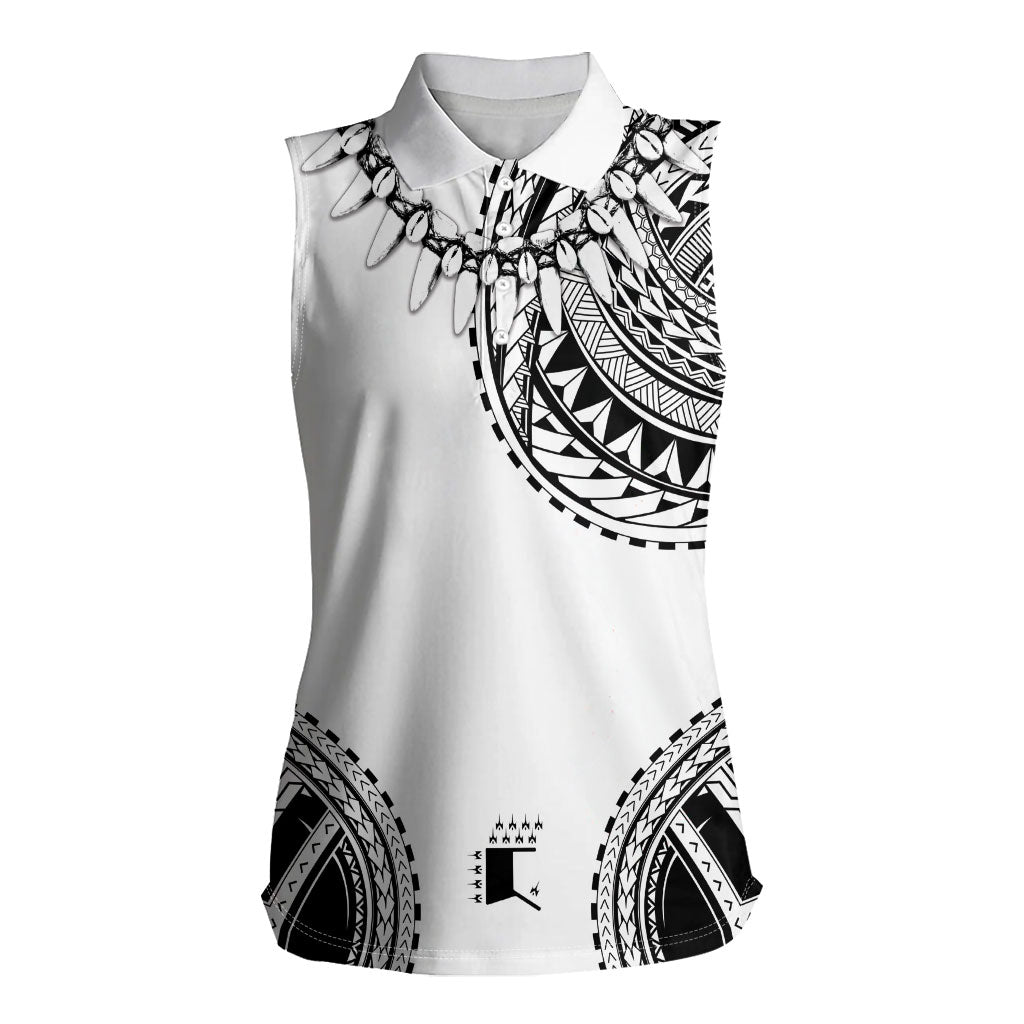 Polynesian Chief Inspired Costume Women Sleeveless Polo Shirt Tribal Pattern With Tooth Necklace White