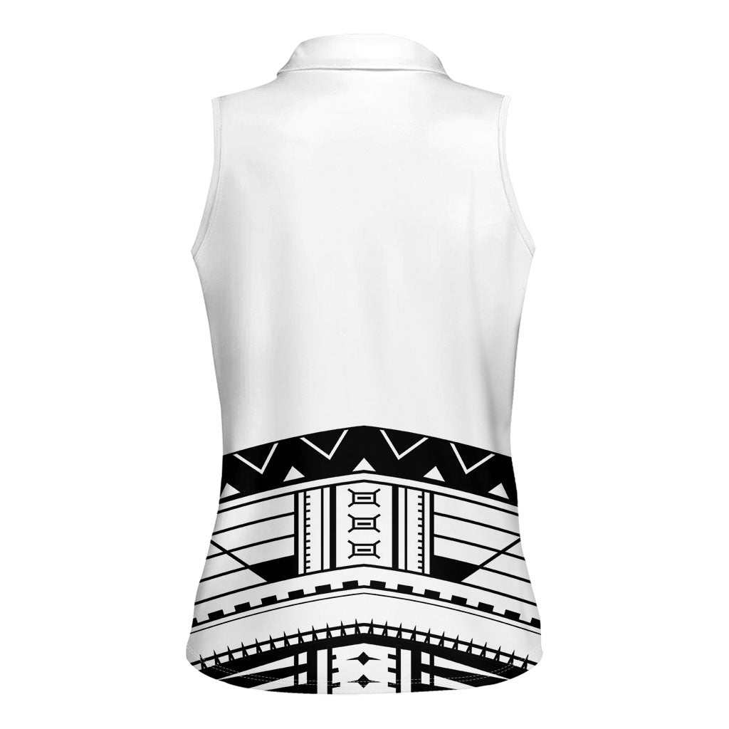 Polynesian Chief Inspired Costume Women Sleeveless Polo Shirt Tribal Pattern With Tooth Necklace White