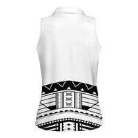 Polynesian Chief Inspired Costume Women Sleeveless Polo Shirt Tribal Pattern With Tooth Necklace White