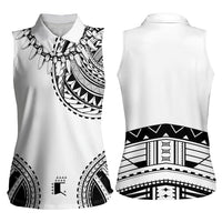 Polynesian Chief Inspired Costume Women Sleeveless Polo Shirt Tribal Pattern With Tooth Necklace White