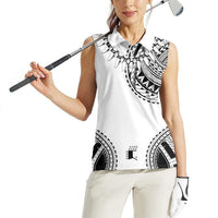 Polynesian Chief Inspired Costume Women Sleeveless Polo Shirt Tribal Pattern With Tooth Necklace White
