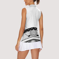 Polynesian Chief Inspired Costume Women Sleeveless Polo Shirt Tribal Pattern With Tooth Necklace White