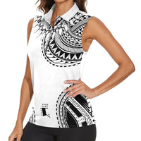 Polynesian Chief Inspired Costume Women Sleeveless Polo Shirt Tribal Pattern With Tooth Necklace White