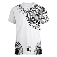 Polynesian Chief Inspired Costume Women V-Neck T-Shirt Tribal Pattern With Tooth Necklace White