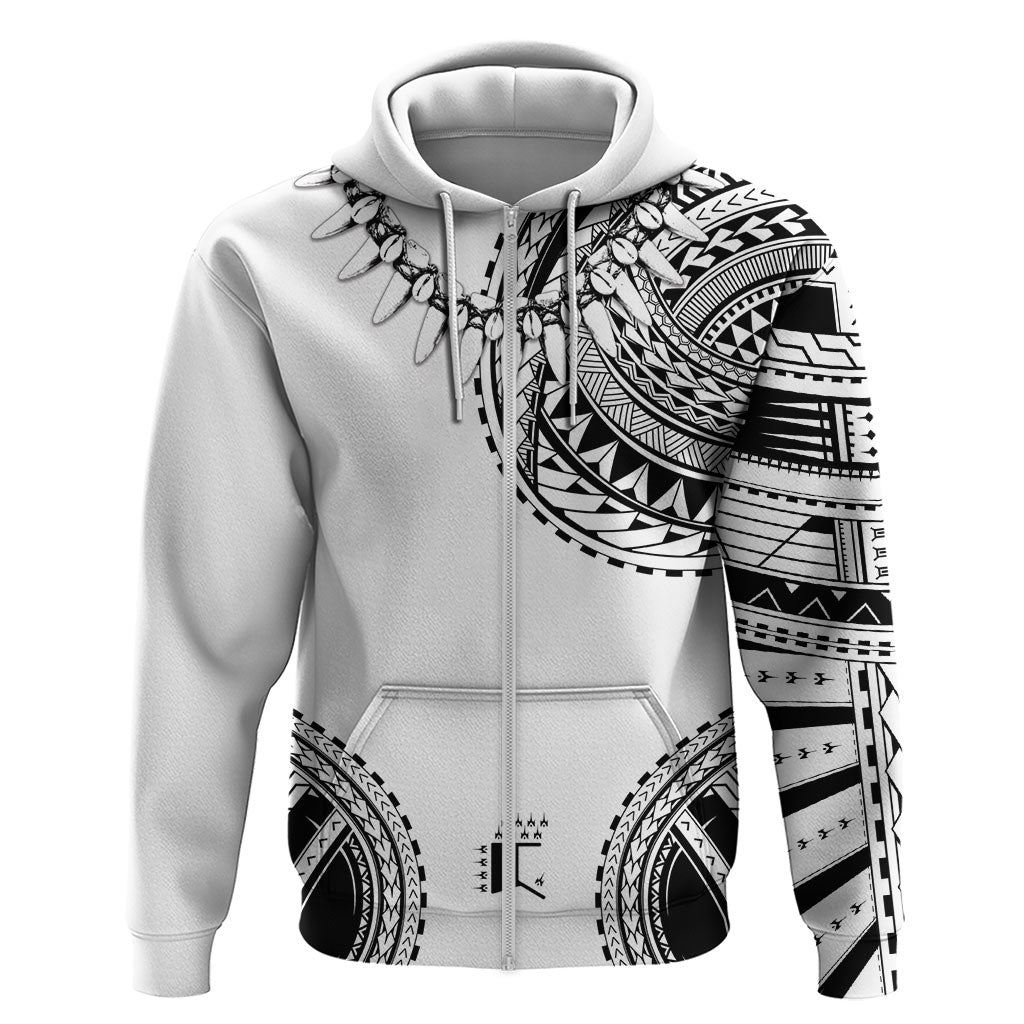 Polynesian Chief Inspired Costume Zip Hoodie Tribal Pattern With Tooth Necklace White
