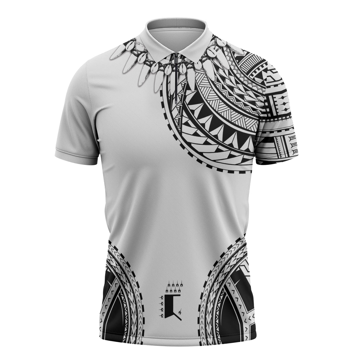 Polynesian Chief Inspired Costume Zipper Polo Shirt Tribal Pattern With Tooth Necklace White