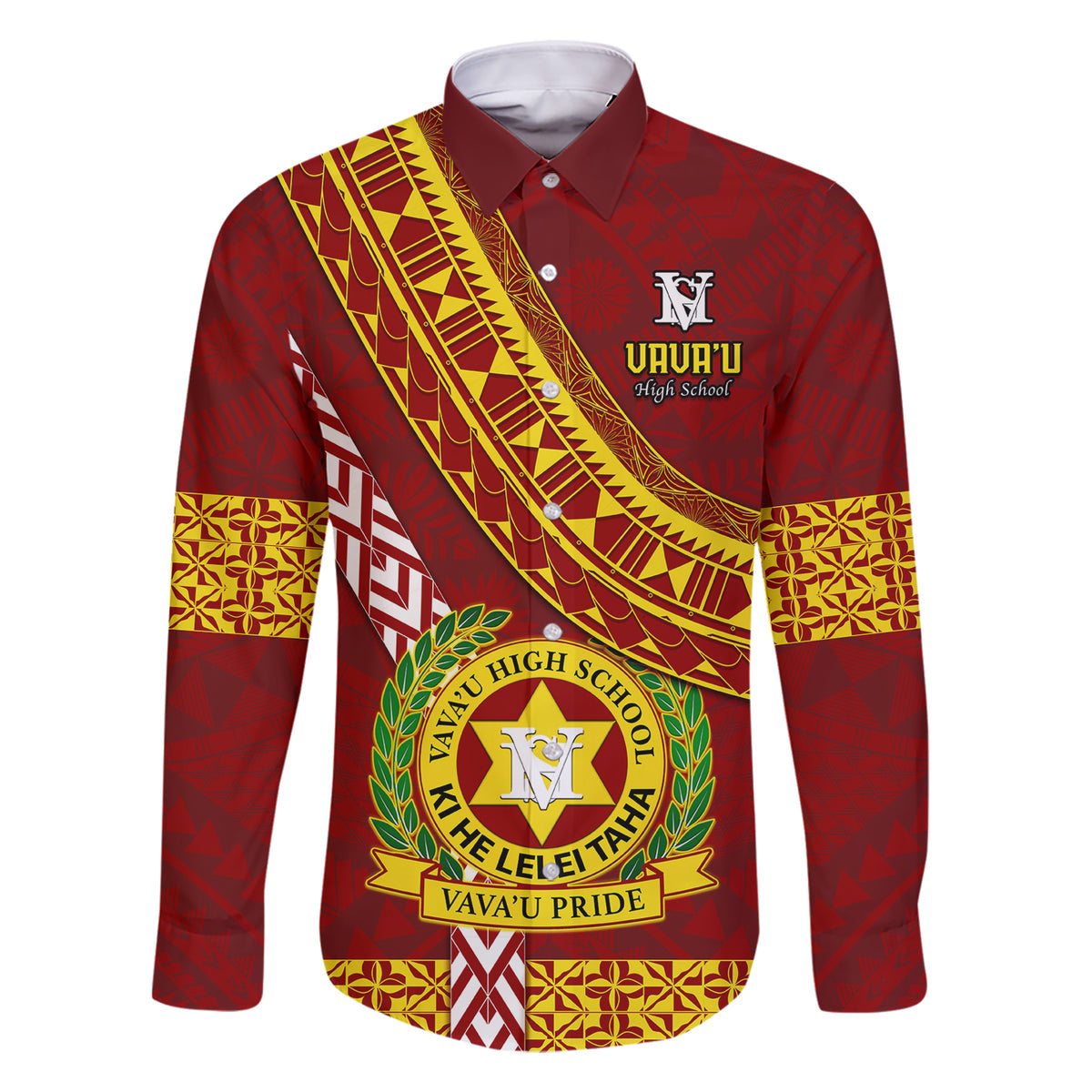 Custom Vavau High School Family Matching Short Sleeve Bodycon Dress and Hawaiian Shirt Tongan Kupesi Pattern LT05 Dad's Shirt - Long Sleeve Red - Polynesian Pride