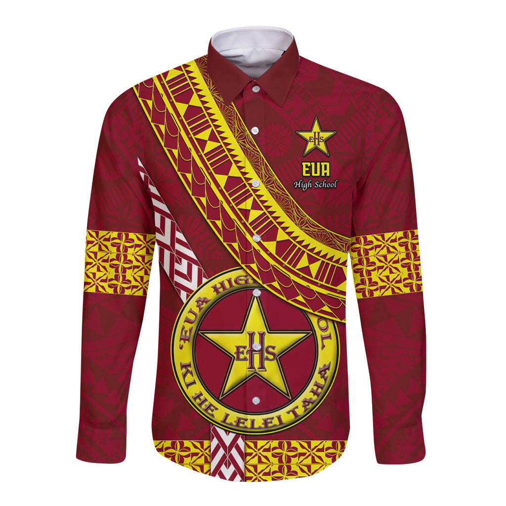 Custom Eua High School Long Sleeve Button Shirt Tongan Kupesi Pattern LT05 Unisex Red - Polynesian Pride