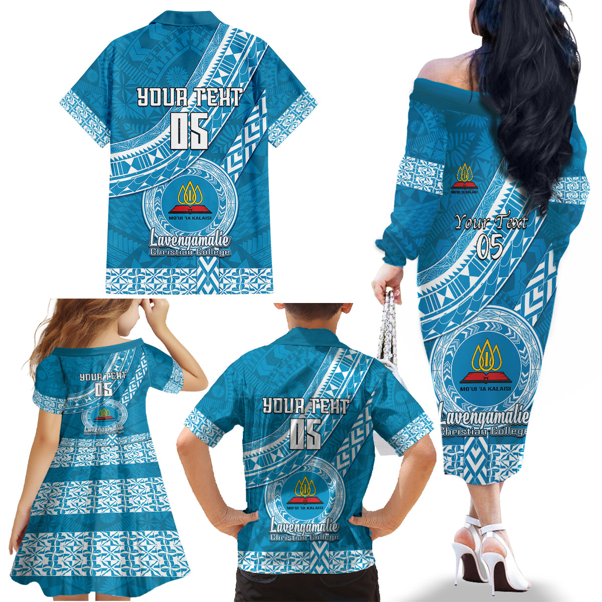 Custom Lavengamalie College Family Matching Off Shoulder Long Sleeve Dress and Hawaiian Shirt Tongan Kupesi Pattern LT05 - Polynesian Pride