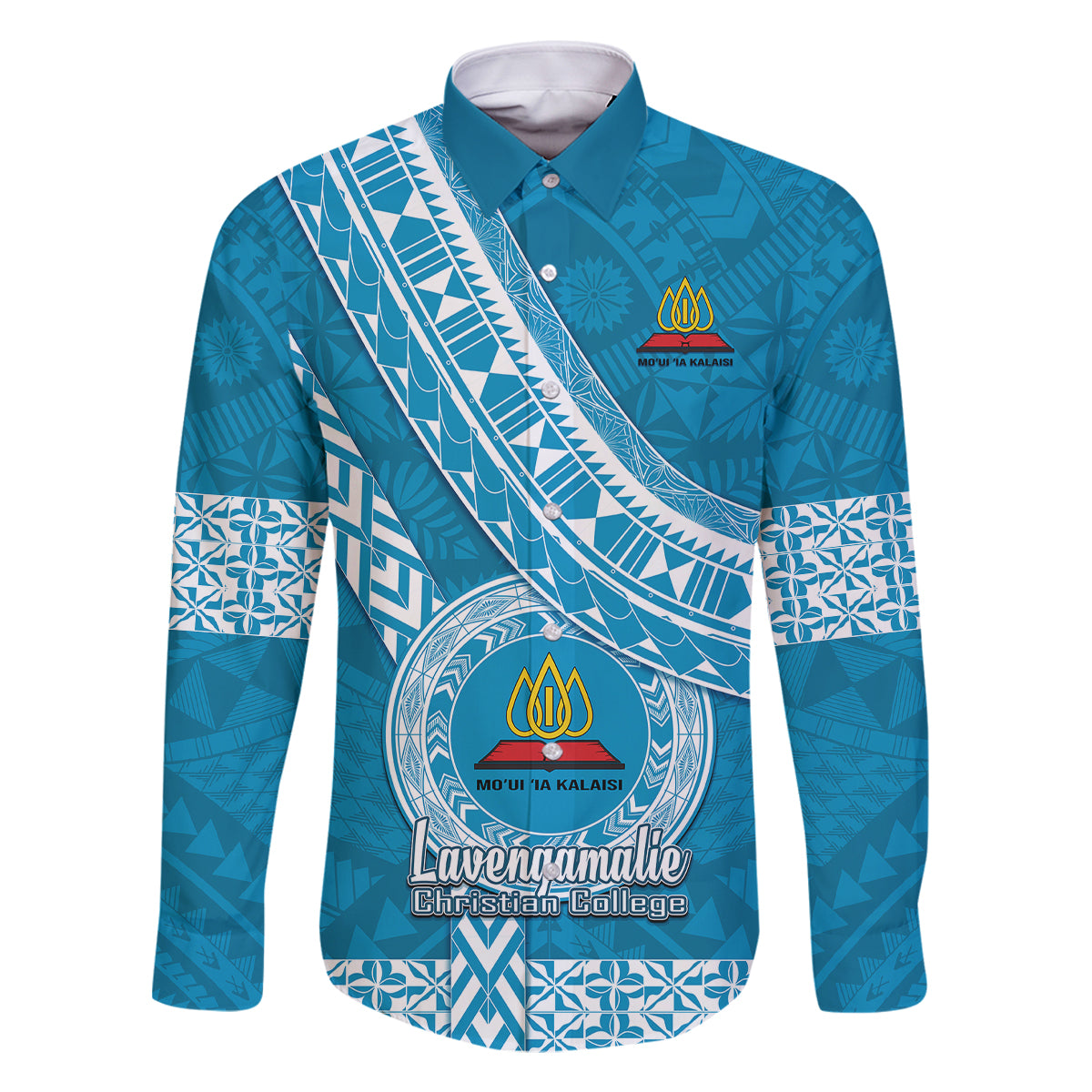 Custom Lavengamalie College Family Matching Off Shoulder Maxi Dress and Hawaiian Shirt Tongan Kupesi Pattern LT05 Dad's Shirt - Long Sleeve Blue - Polynesian Pride