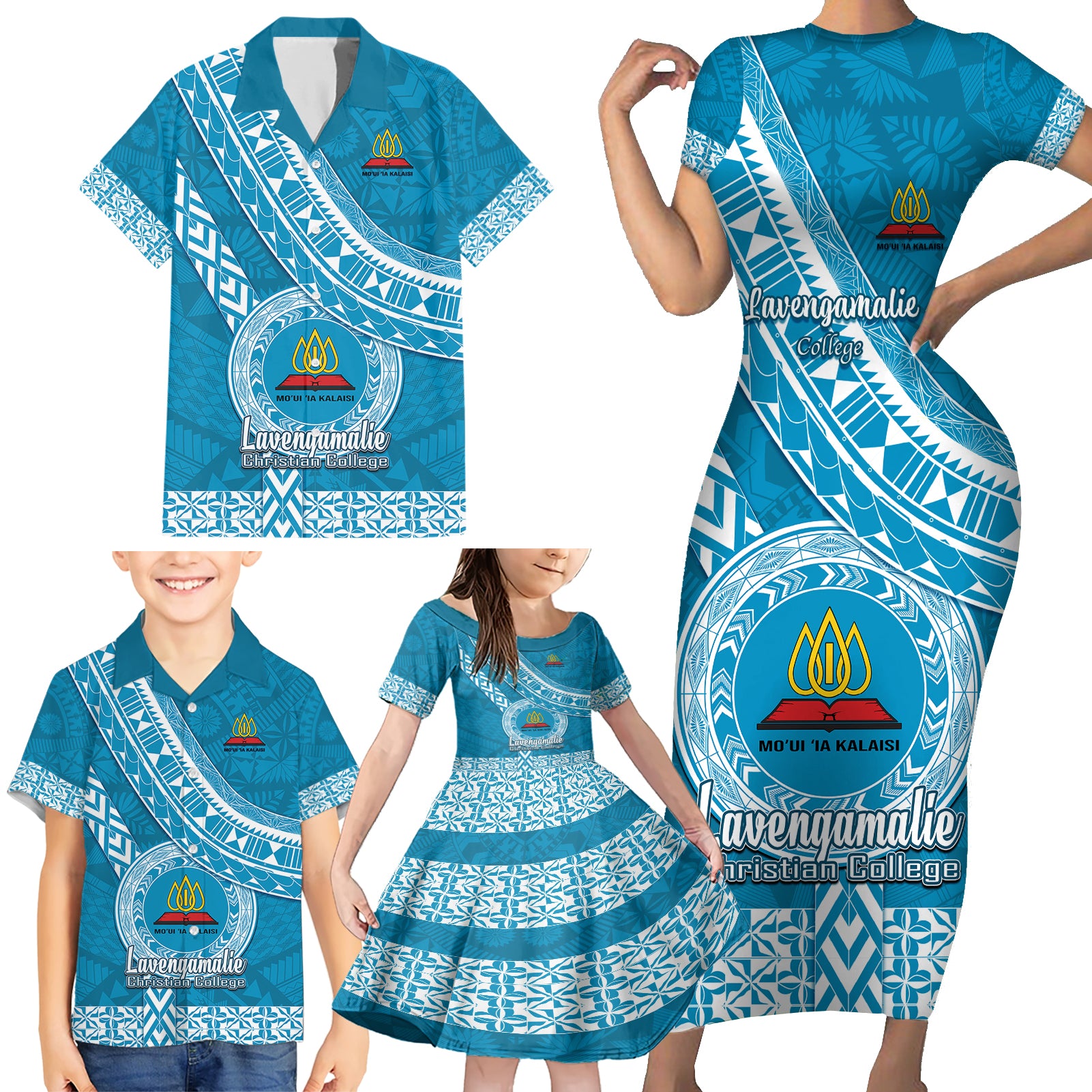 Custom Lavengamalie College Family Matching Short Sleeve Bodycon Dress and Hawaiian Shirt Tongan Kupesi Pattern LT05 - Polynesian Pride