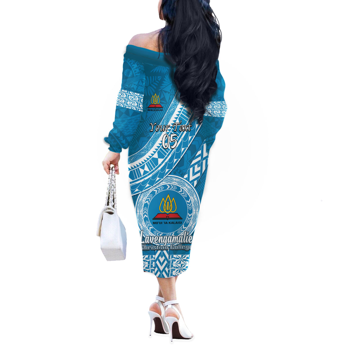 Custom Lavengamalie College Off The Shoulder Long Sleeve Dress Tongan Kupesi Pattern LT05 - Polynesian Pride