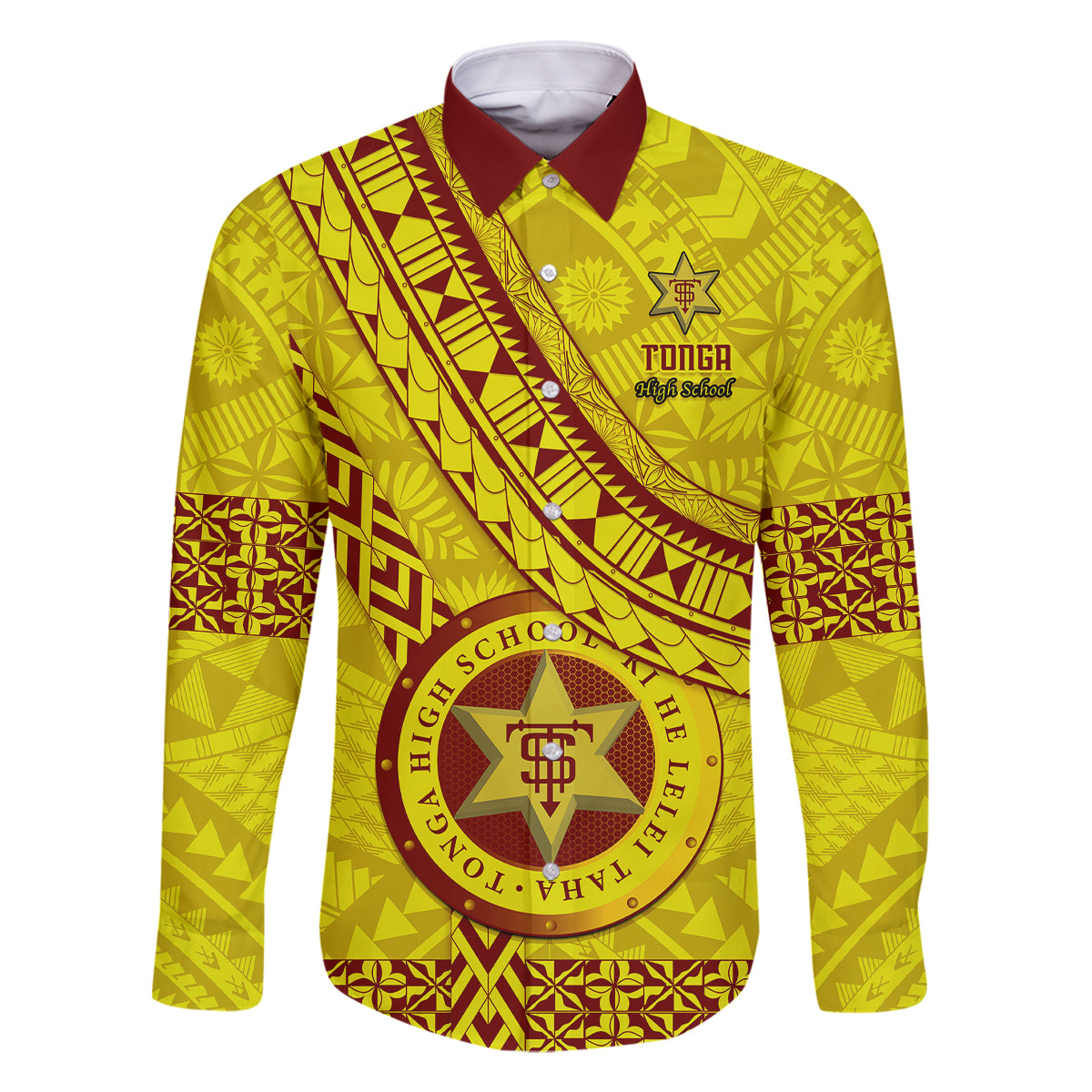 Custom Tonga High School Family Matching Summer Maxi Dress and Hawaiian Shirt Tongan Kupesi Pattern LT05 Dad's Shirt - Long Sleeve Yellow - Polynesian Pride