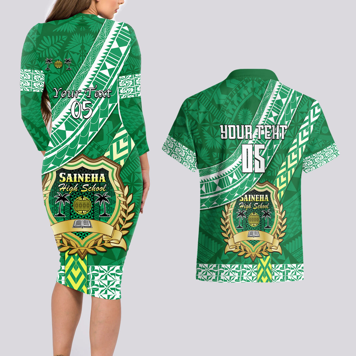 custom-saineha-high-school-couples-matching-long-sleeve-bodycon-dress-and-hawaiian-shirt-tongan-kupesi-pattern
