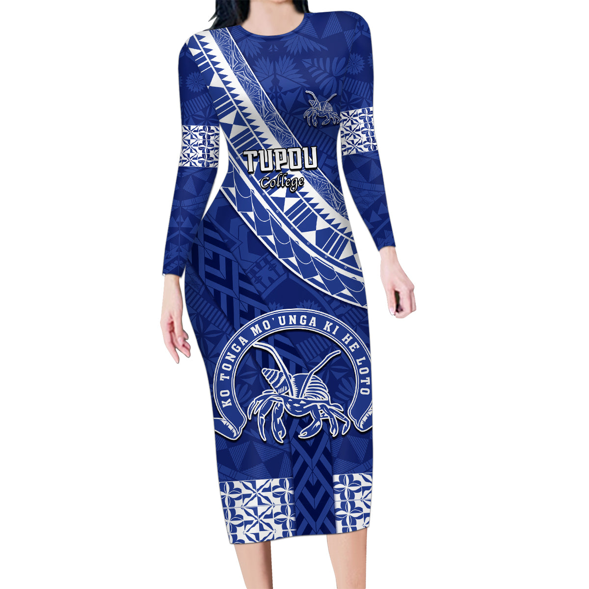 Custom Tupou College Family Matching Long Sleeve Bodycon Dress and Hawaiian Shirt Tongan Kupesi Pattern LT05 Mom's Dress Blue - Polynesian Pride