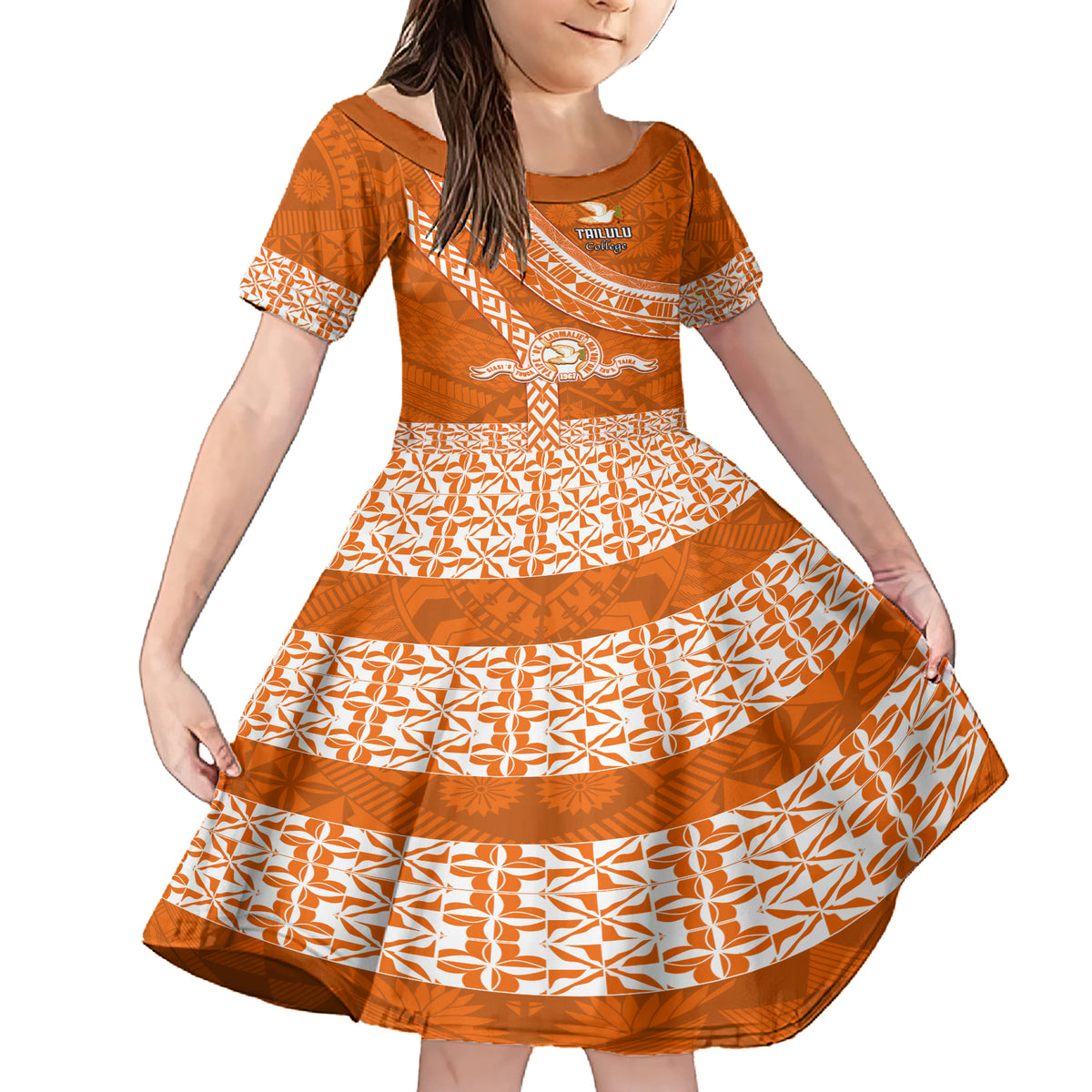 Custom Tailulu College Family Matching Short Sleeve Bodycon Dress and Hawaiian Shirt Tongan Kupesi Pattern LT05 Daughter's Dress Orange - Polynesian Pride
