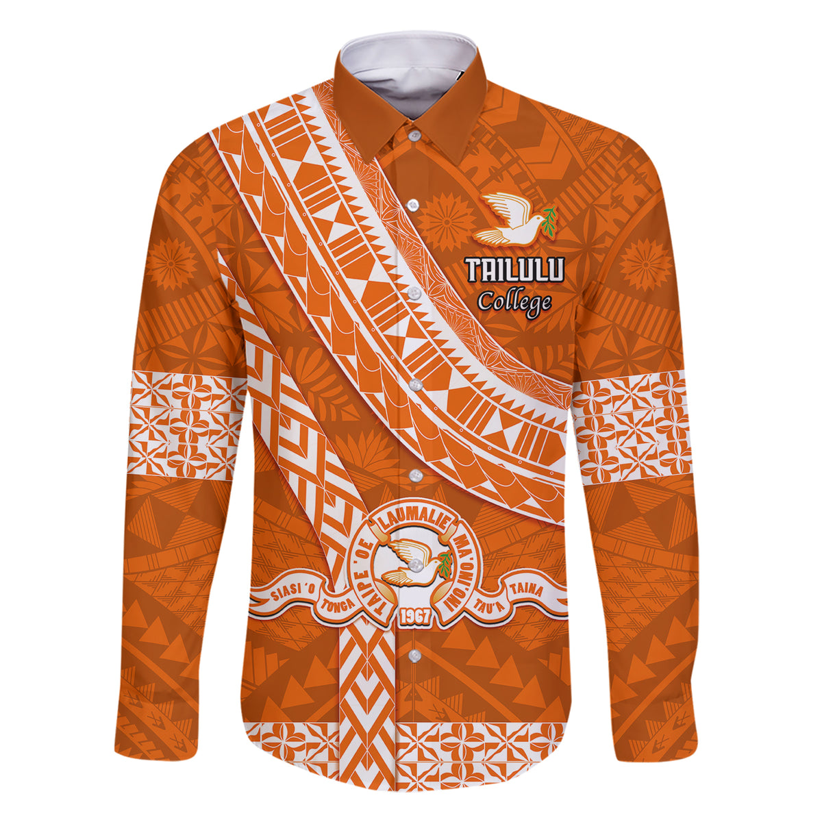 Custom Tailulu College Family Matching Short Sleeve Bodycon Dress and Hawaiian Shirt Tongan Kupesi Pattern LT05 Dad's Shirt - Long Sleeve Orange - Polynesian Pride