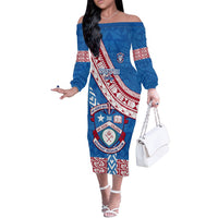 Custom Apifoou College Off The Shoulder Long Sleeve Dress Tongan Kupesi Pattern LT05 Women Blue - Polynesian Pride
