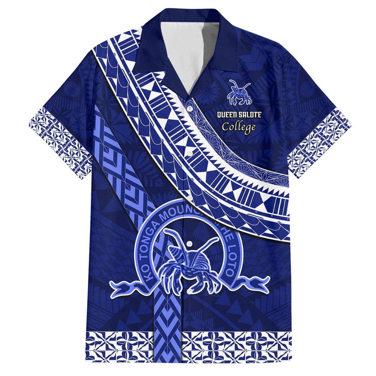 Custom Queen Salote College Family Matching Short Sleeve Bodycon Dress and Hawaiian Shirt Tongan Kupesi Pattern LT05 Dad's Shirt - Short Sleeve Blue - Polynesian Pride