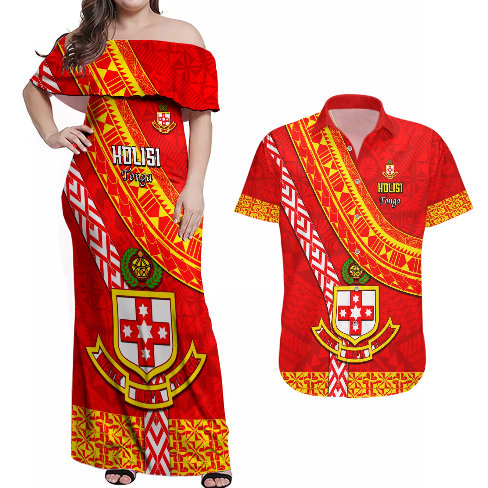 Custom Kolisi Tonga Couples Matching Off Shoulder Maxi Dress and Hawaiian Shirt Tongan Kupesi Pattern LT05 Red - Polynesian Pride