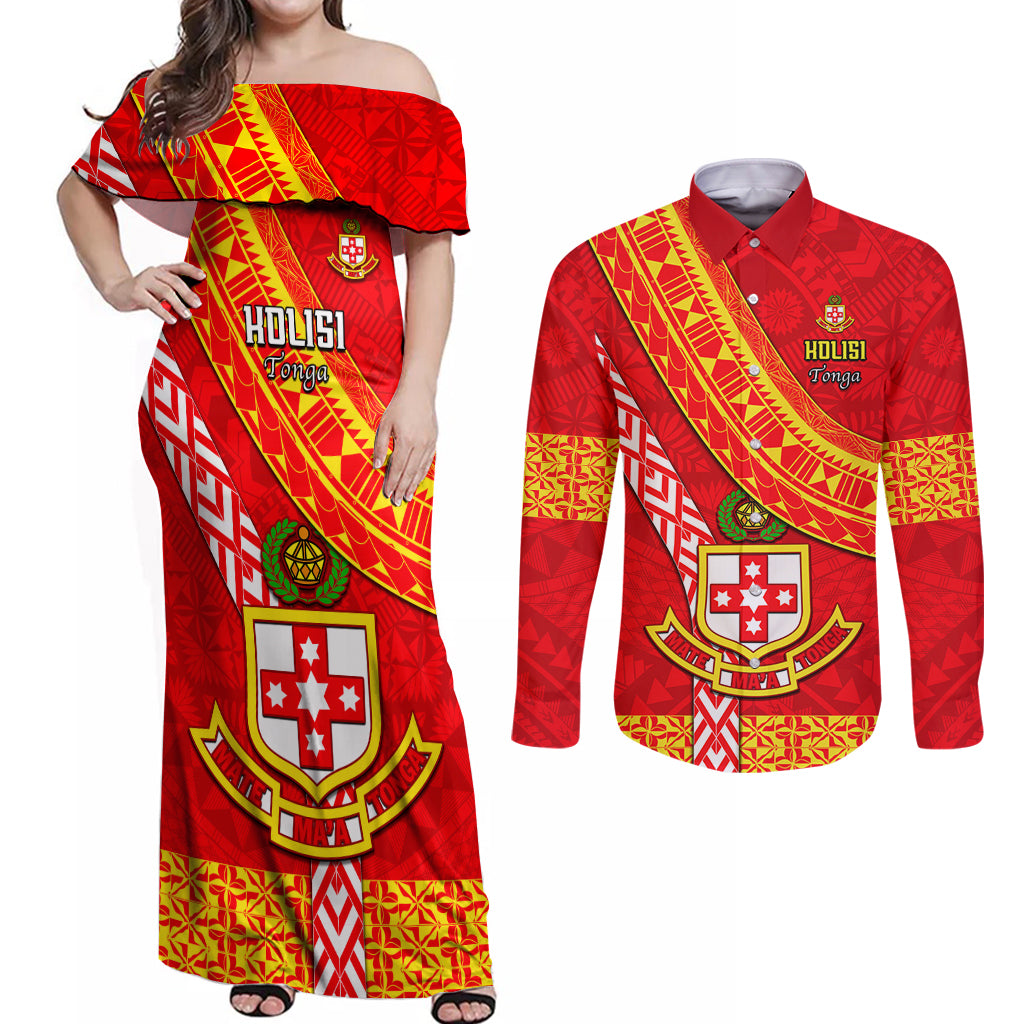Custom Kolisi Tonga Couples Matching Off Shoulder Maxi Dress and Long Sleeve Button Shirts Tongan Kupesi Pattern LT05 Red - Polynesian Pride