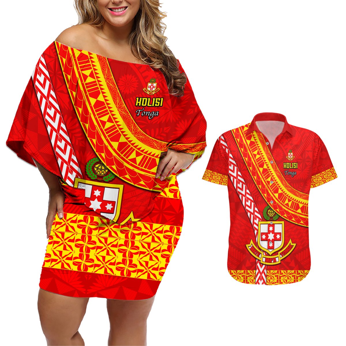 Custom Kolisi Tonga Couples Matching Off Shoulder Short Dress and Hawaiian Shirt Tongan Kupesi Pattern LT05 Red - Polynesian Pride