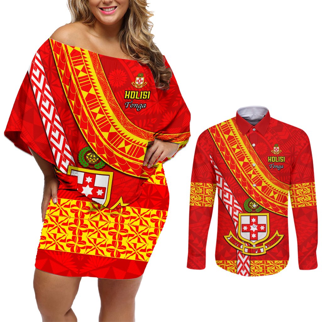 Custom Kolisi Tonga Couples Matching Off Shoulder Short Dress and Long Sleeve Button Shirts Tongan Kupesi Pattern LT05 Red - Polynesian Pride