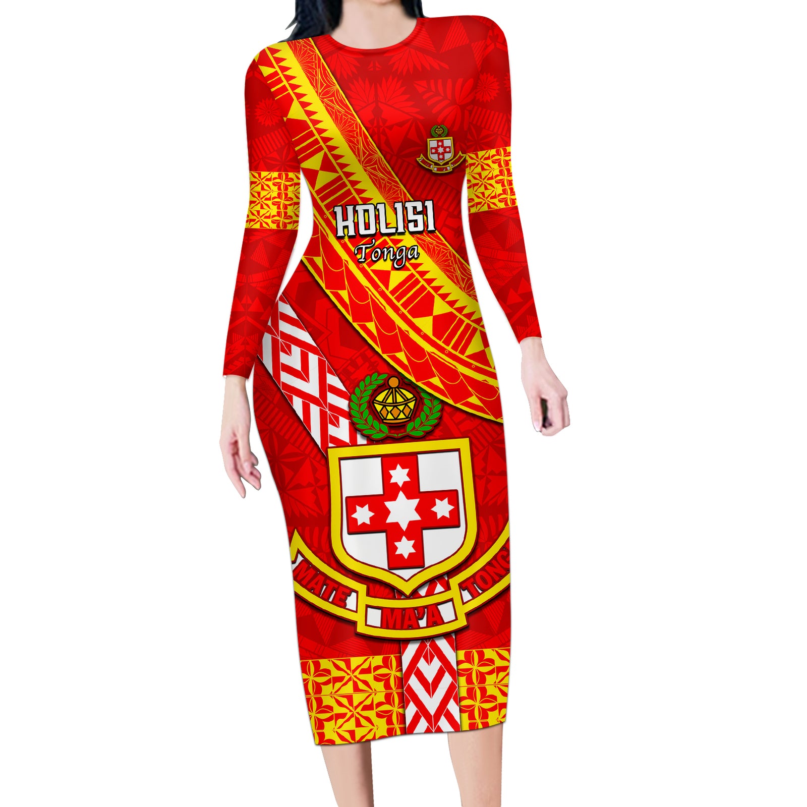 Custom Kolisi Tonga Long Sleeve Bodycon Dress Tongan Kupesi Pattern LT05 Long Dress Red - Polynesian Pride