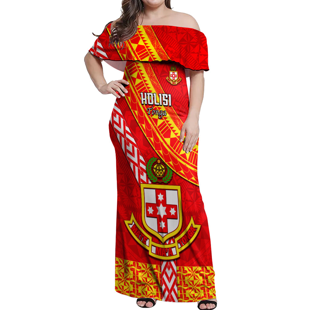 Custom Kolisi Tonga Off Shoulder Maxi Dress Tongan Kupesi Pattern LT05 Women Red - Polynesian Pride