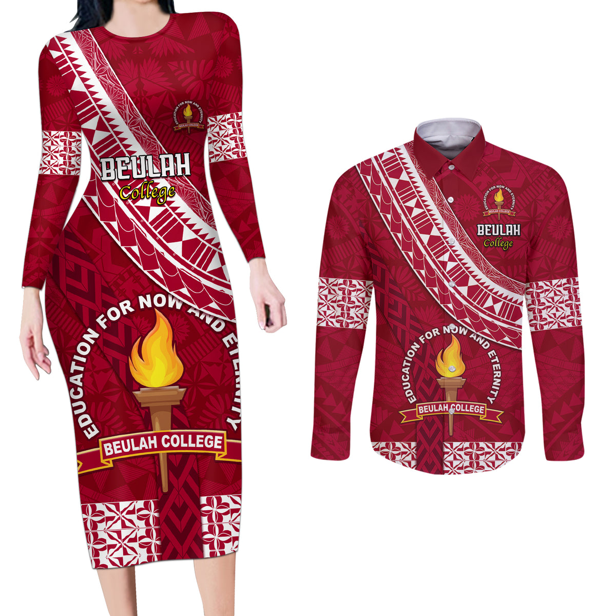 custom-beulah-college-couples-matching-long-sleeve-bodycon-dress-and-long-sleeve-button-shirts-tongan-kupesi-pattern