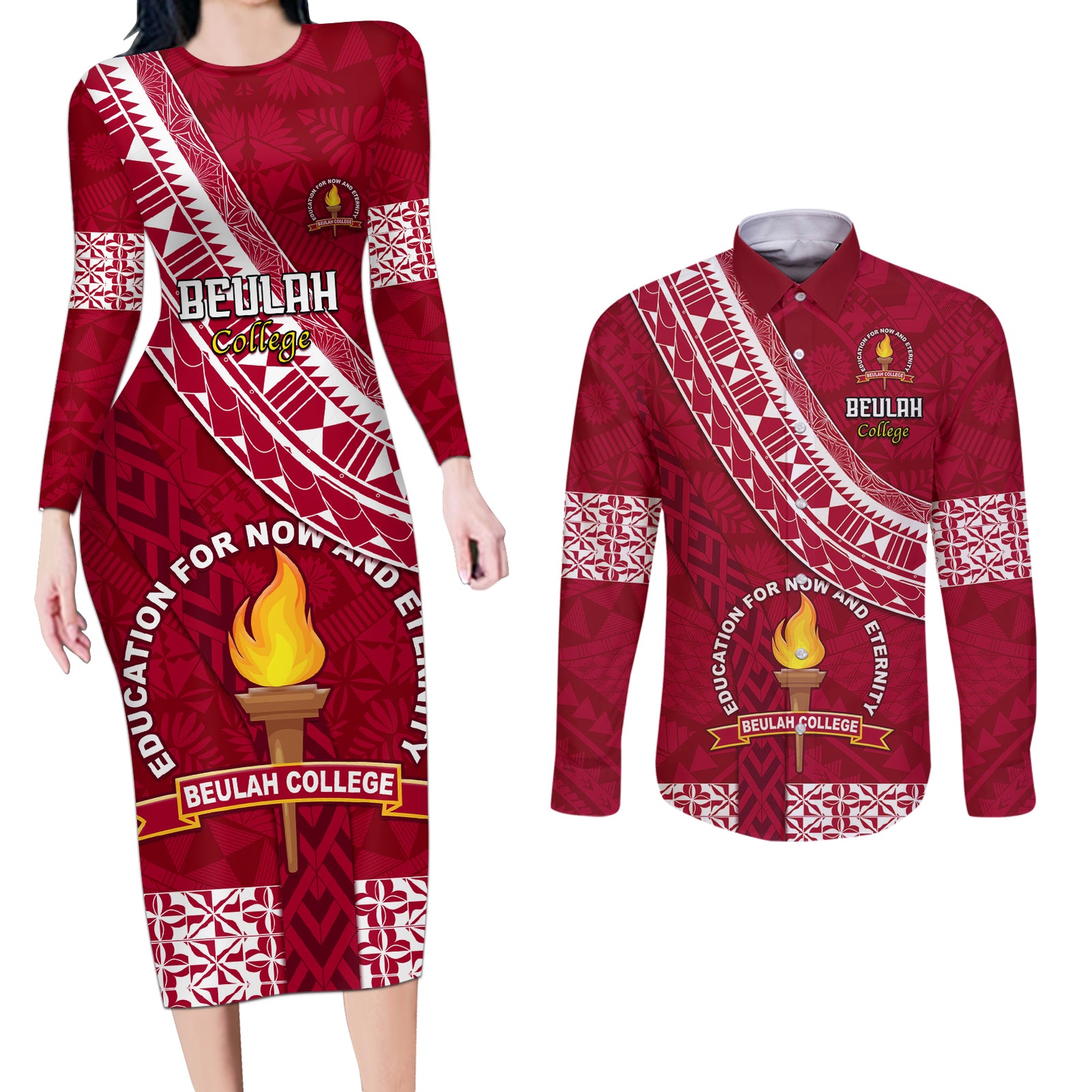 Custom Beulah College Couples Matching Long Sleeve Bodycon Dress and Long Sleeve Button Shirts Tongan Kupesi Pattern LT05 Red - Polynesian Pride