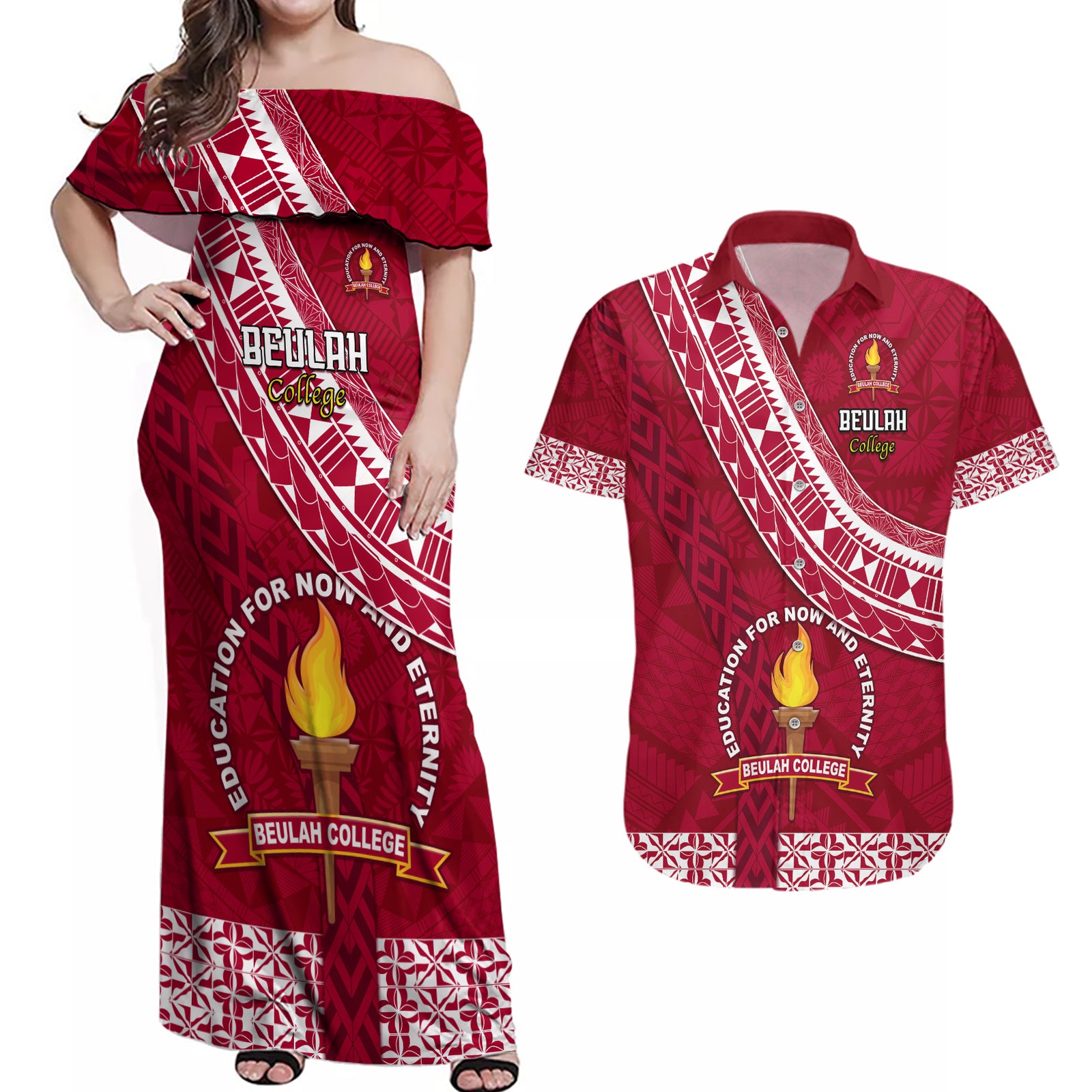 Custom Beulah College Couples Matching Off Shoulder Maxi Dress and Hawaiian Shirt Tongan Kupesi Pattern LT05 Red - Polynesian Pride