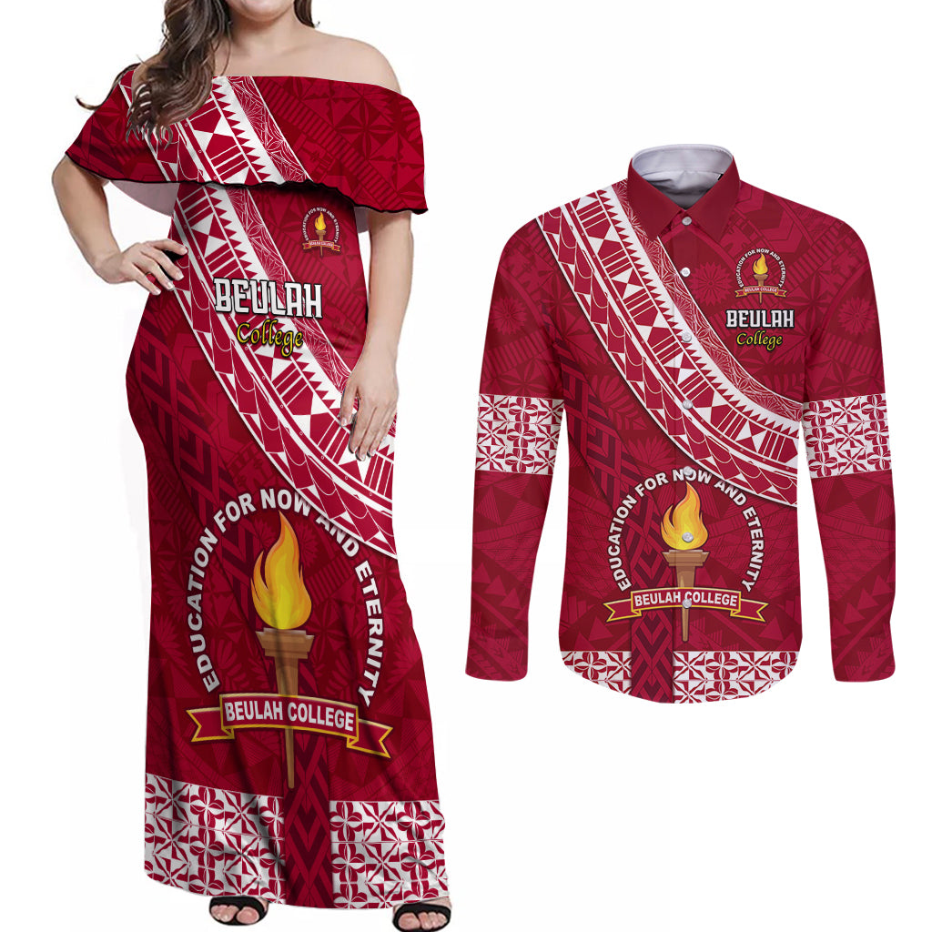Custom Beulah College Couples Matching Off Shoulder Maxi Dress and Long Sleeve Button Shirts Tongan Kupesi Pattern LT05 Red - Polynesian Pride