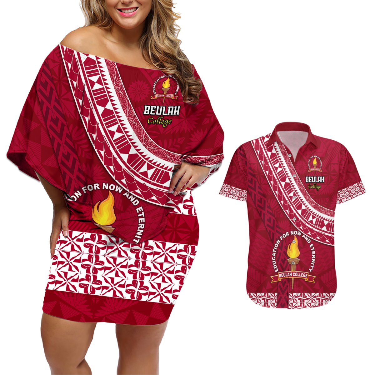 Custom Beulah College Couples Matching Off Shoulder Short Dress and Hawaiian Shirt Tongan Kupesi Pattern LT05 Red - Polynesian Pride