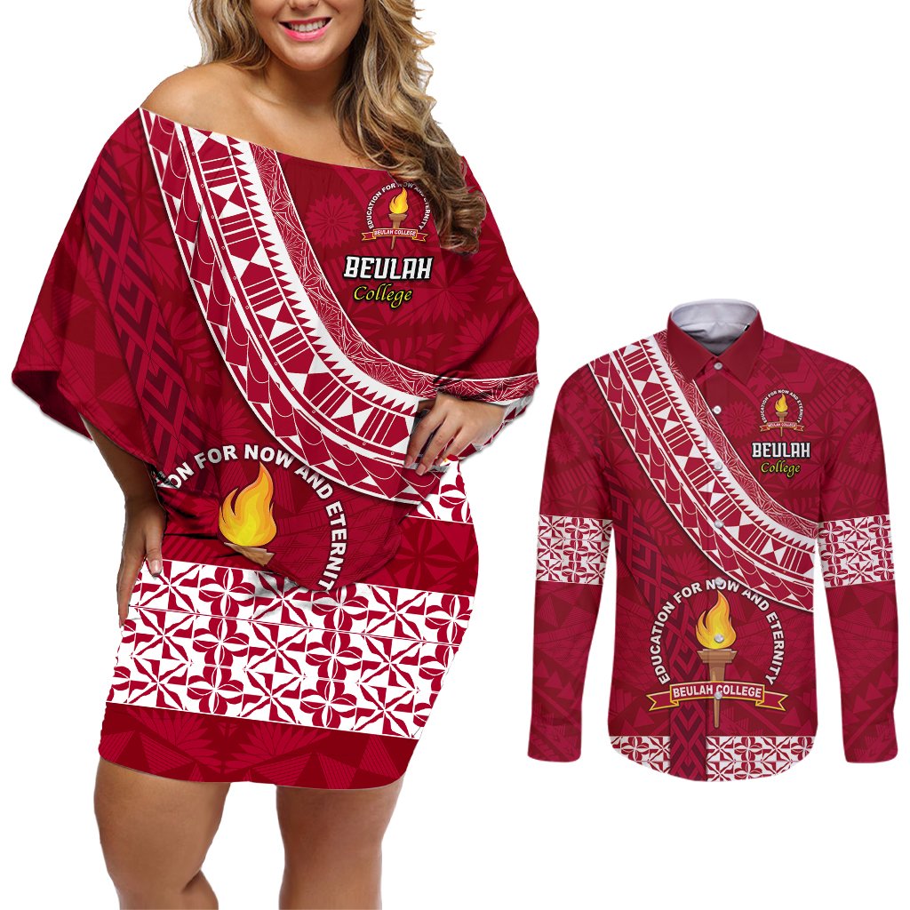 Custom Beulah College Couples Matching Off Shoulder Short Dress and Long Sleeve Button Shirts Tongan Kupesi Pattern LT05 Red - Polynesian Pride