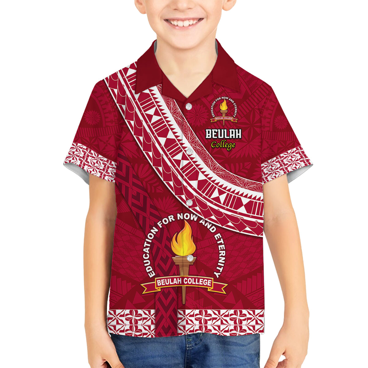 Custom Beulah College Family Matching Tank Maxi Dress and Hawaiian Shirt Tongan Kupesi Pattern LT05 Son's Shirt Red - Polynesian Pride